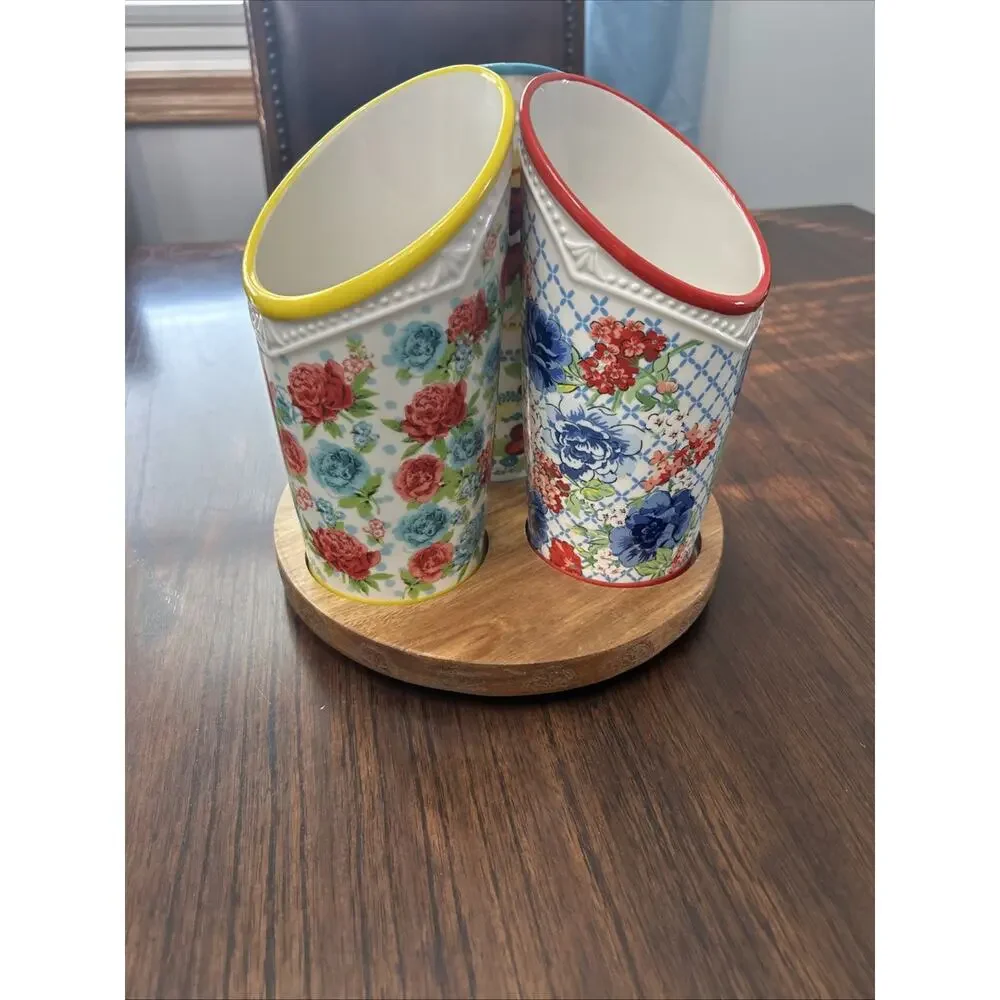 Pioneer Woman Utensil 3 Holders Floral Medley Ceramic w/Wood Base Turns Rotates